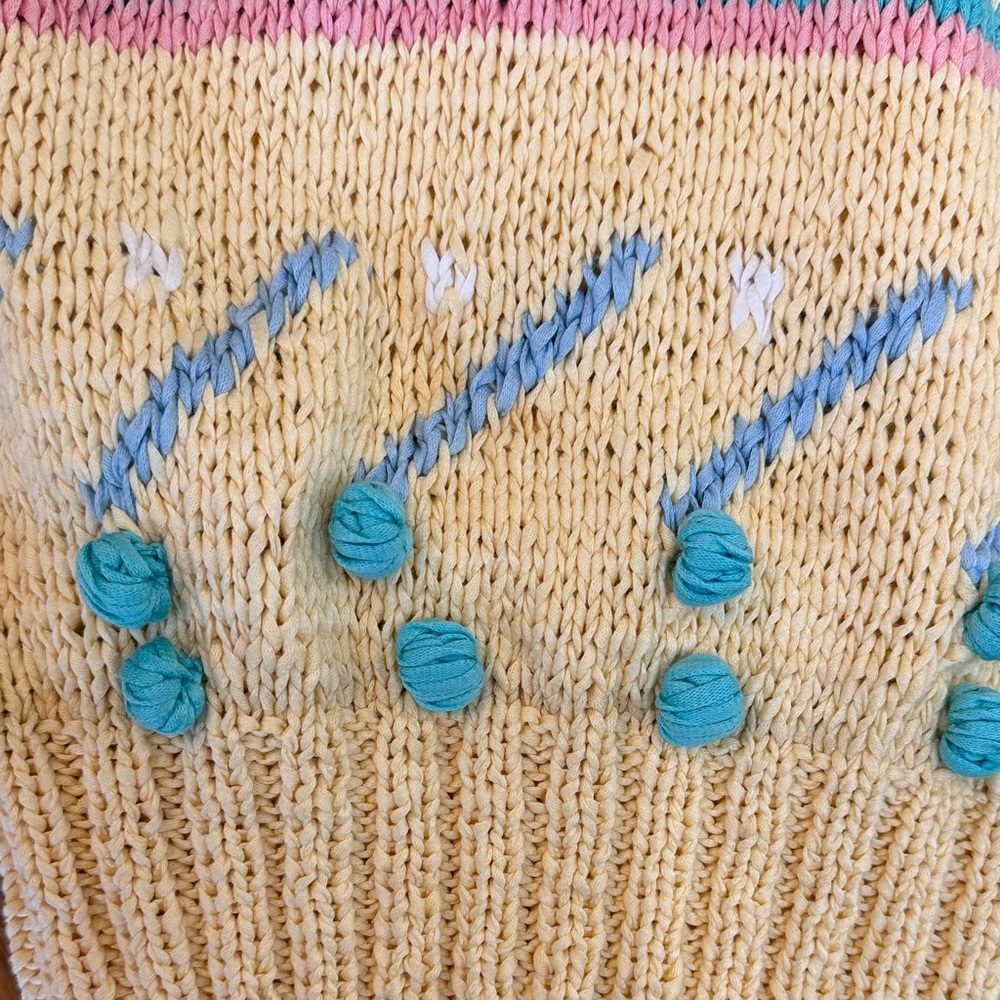 Vintage Angel Hand Knit Pastel Spring/Easter Crewneck Sweater w/Pom-Poms, M - Picture 4 of 6